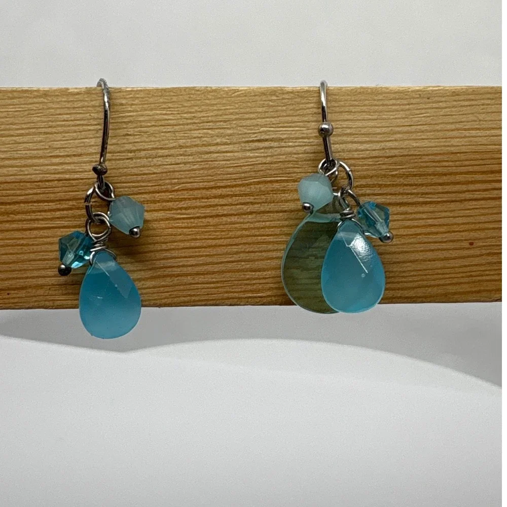 Teardrop Dangle Earrings Blue Faceted‎ Beads Silver Tone Women's Jewelry
